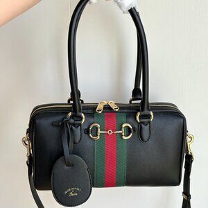 GUCCI Borsetto Boston Bag with Gold Hardware Leather Shoulder Bag